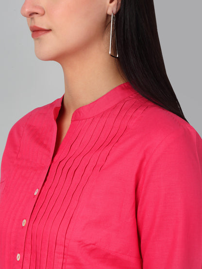 Women's Casual  Pink Solid Mandarin Collar Tunic