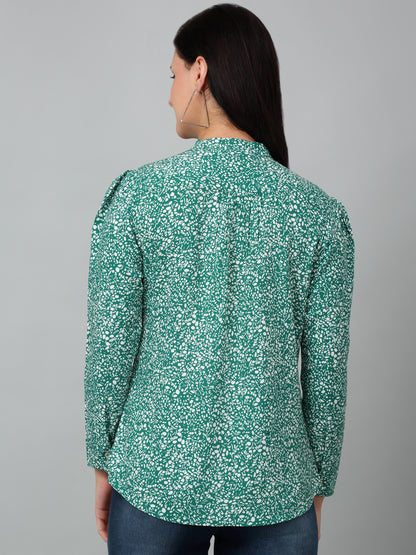 Women's Casual  Green Ditsy Print Mandarin Collar Tunic