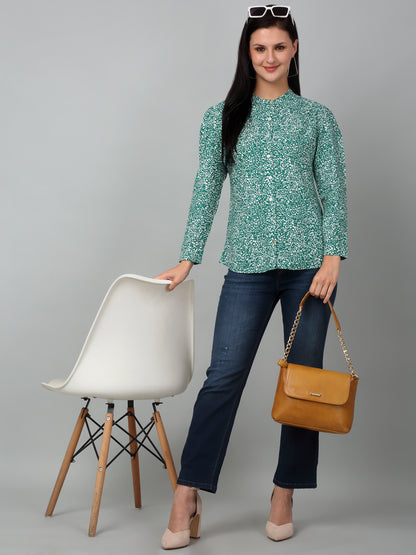 Women's Casual  Green Ditsy Print Mandarin Collar Tunic