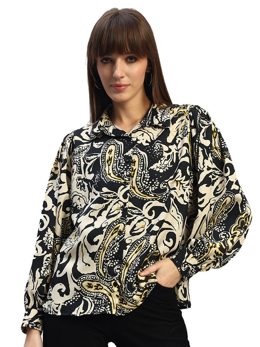 Women's Printed Black Full Sleeves Spread Collar Casual Tunic
