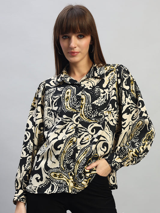 Women's Printed Black Full Sleeves Spread Collar Casual Tunic