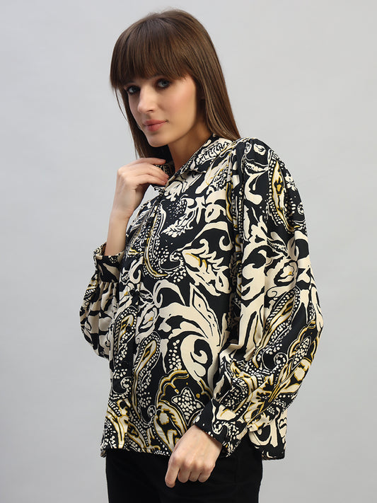 Women's Printed Black Full Sleeves Spread Collar Casual Tunic