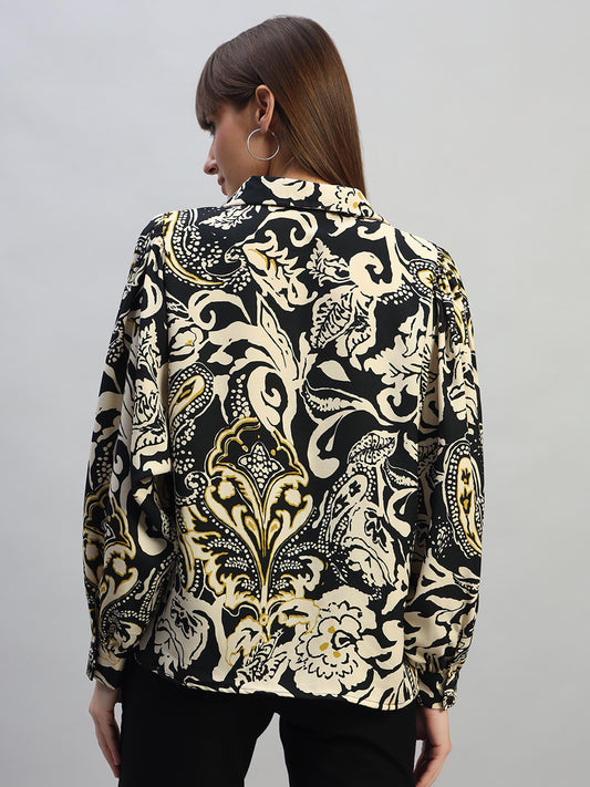 Women's Printed Black Full Sleeves Spread Collar Casual Tunic