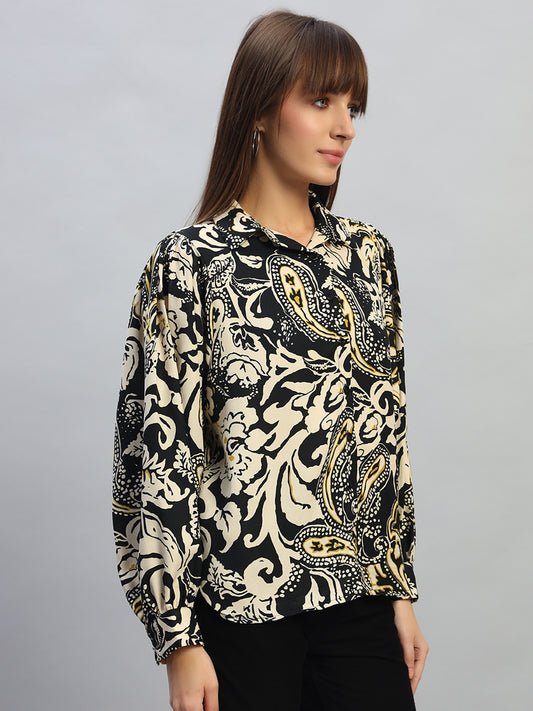 Women's Printed Black Full Sleeves Spread Collar Casual Tunic