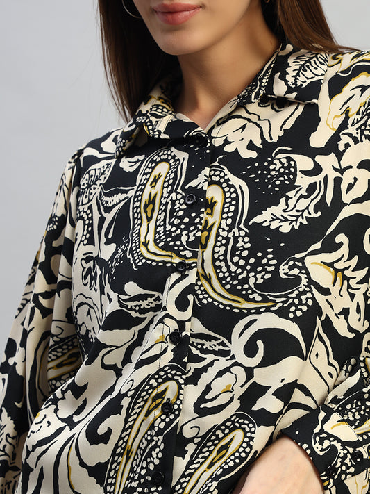 Women's Printed Black Full Sleeves Spread Collar Casual Tunic