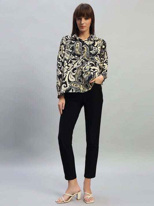 Women's Printed Black Full Sleeves Spread Collar Casual Tunic