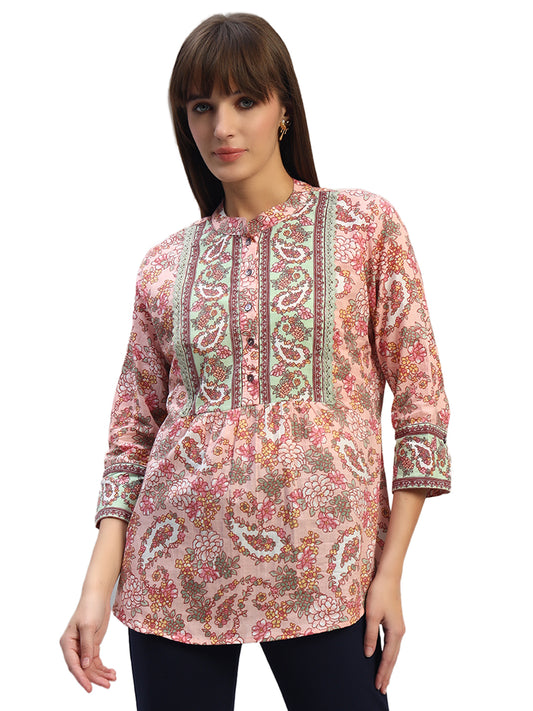 Women's Printed Peach 3/4th Sleeves Spread Collar Casual Tunic