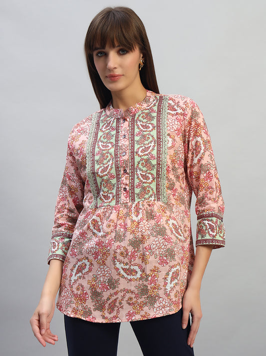 Women's Printed Peach 3/4th Sleeves Spread Collar Casual Tunic
