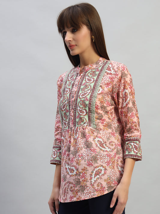 Women's Printed Peach 3/4th Sleeves Spread Collar Casual Tunic