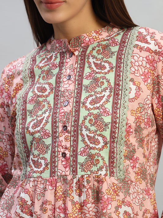 Women's Printed Peach 3/4th Sleeves Spread Collar Casual Tunic