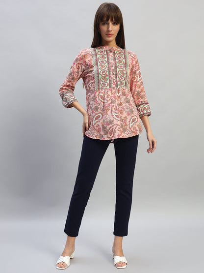 Women's Printed Peach 3/4th Sleeves Spread Collar Casual Tunic