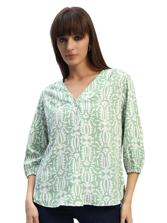 Women's Printed Light Green 3/4th Sleeves V-Neck Casual Tunic