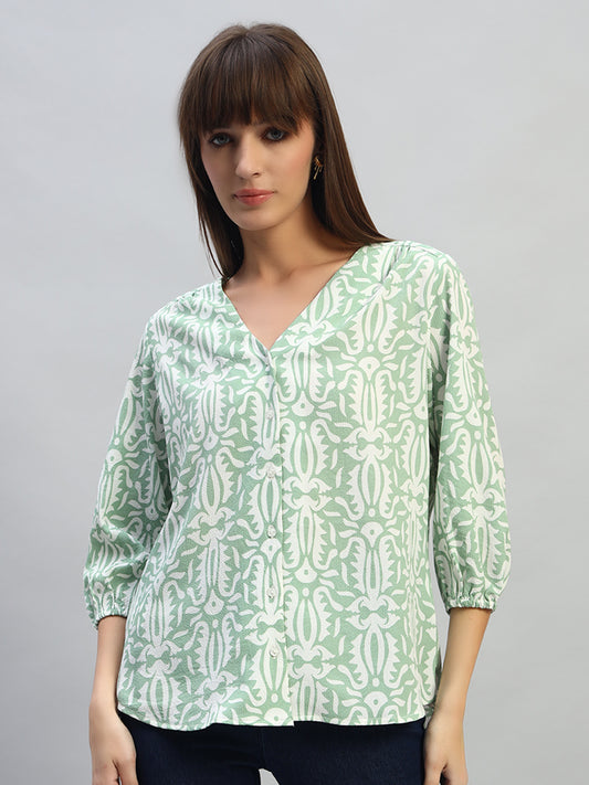 Women's Printed Light Green 3/4th Sleeves V-Neck Casual Tunic