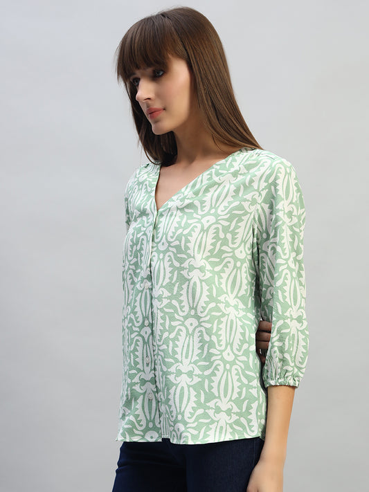 Women's Printed Light Green 3/4th Sleeves V-Neck Casual Tunic