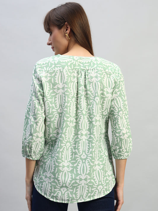 Women's Printed Light Green 3/4th Sleeves V-Neck Casual Tunic