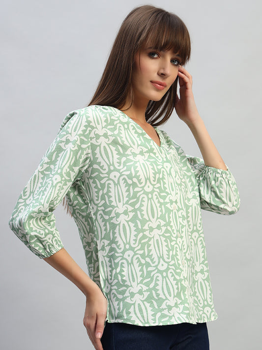 Women's Printed Light Green 3/4th Sleeves V-Neck Casual Tunic