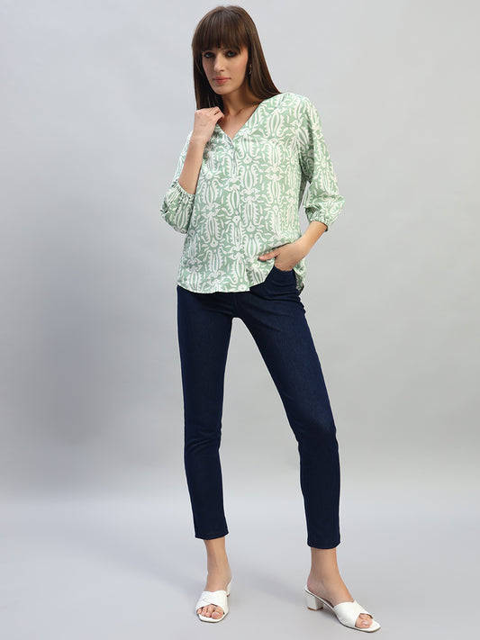 Women's Printed Light Green 3/4th Sleeves V-Neck Casual Tunic