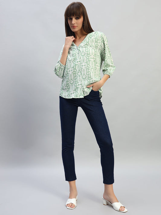 Women's Printed Light Green 3/4th Sleeves V-Neck Casual Tunic