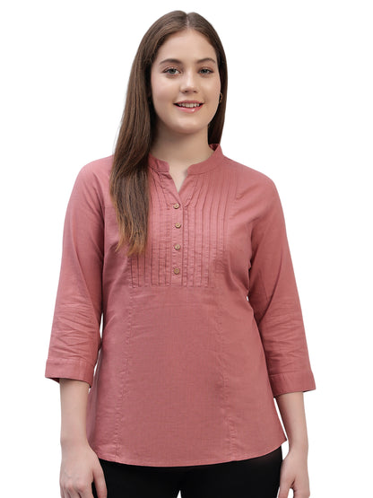 Women's Pink Solid 3/4th Sleeves Round Neck Casual Tunic