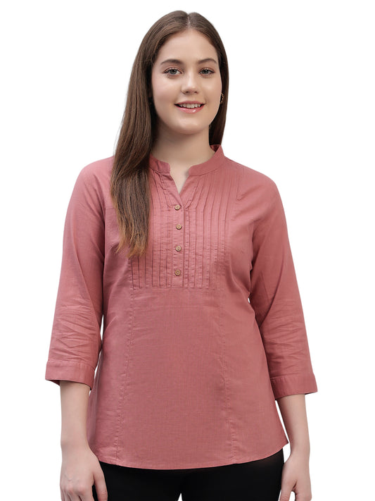 Women's Pink Solid 3/4th Sleeves Round Neck Casual Tunic