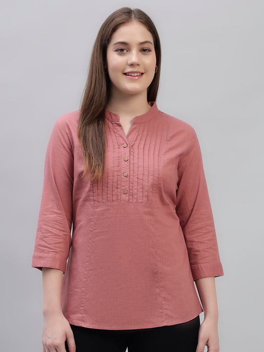 Women's Pink Solid 3/4th Sleeves Round Neck Casual Tunic