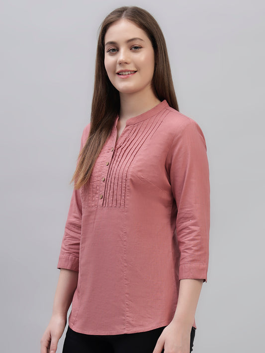 Women's Pink Solid 3/4th Sleeves Round Neck Casual Tunic