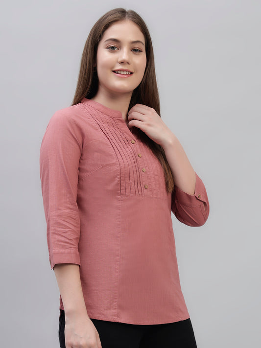 Women's Pink Solid 3/4th Sleeves Round Neck Casual Tunic