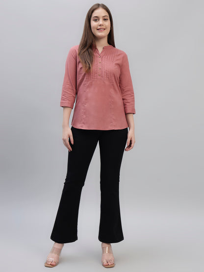 Women's Pink Solid 3/4th Sleeves Round Neck Casual Tunic