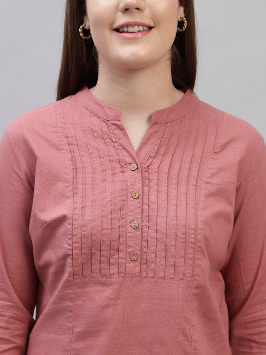 Women's Pink Solid 3/4th Sleeves Round Neck Casual Tunic