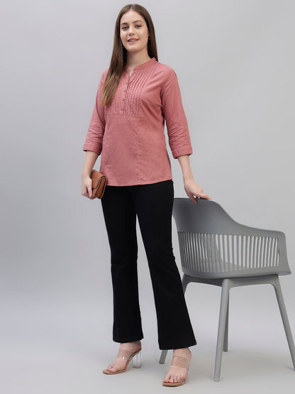 Women's Pink Solid 3/4th Sleeves Round Neck Casual Tunic