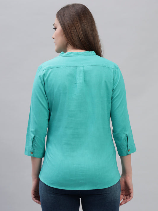 Women's Teal Solid 3/4th Sleeves Round Neck Casual Tunic