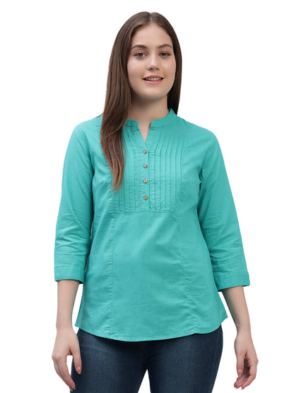 Women's Teal Solid 3/4th Sleeves Round Neck Casual Tunic