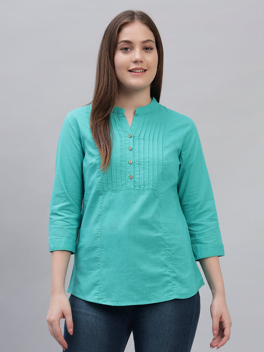 Women's Teal Solid 3/4th Sleeves Round Neck Casual Tunic