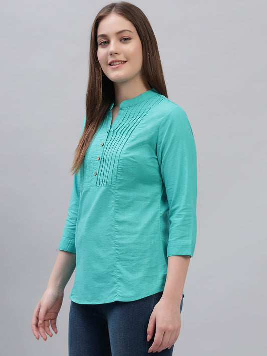 Women's Teal Solid 3/4th Sleeves Round Neck Casual Tunic