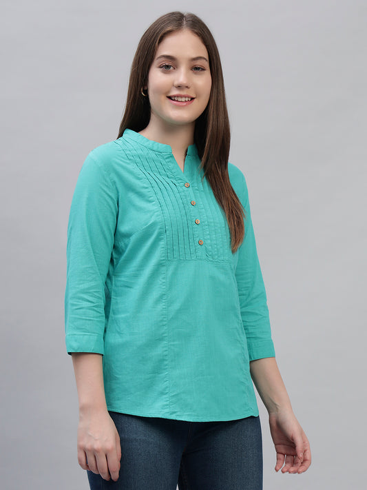 Women's Teal Solid 3/4th Sleeves Round Neck Casual Tunic