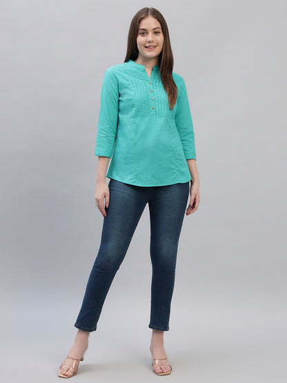 Women's Teal Solid 3/4th Sleeves Round Neck Casual Tunic