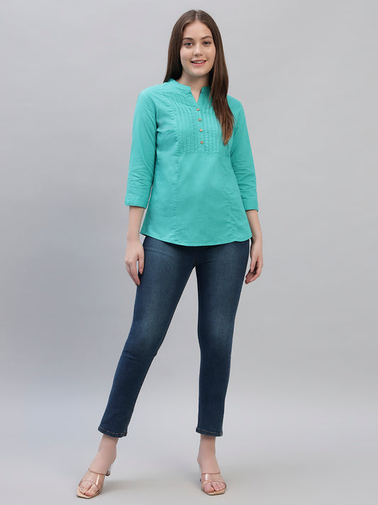 Women's Teal Solid 3/4th Sleeves Round Neck Casual Tunic