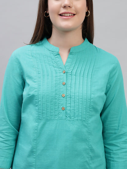 Women's Teal Solid 3/4th Sleeves Round Neck Casual Tunic