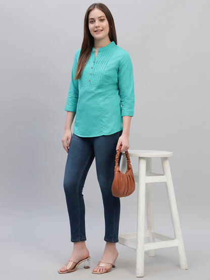 Women's Teal Solid 3/4th Sleeves Round Neck Casual Tunic