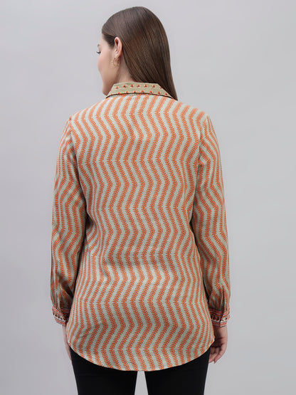 Women's Brown Printed Full Sleeves Spread Collar Casual Tunic