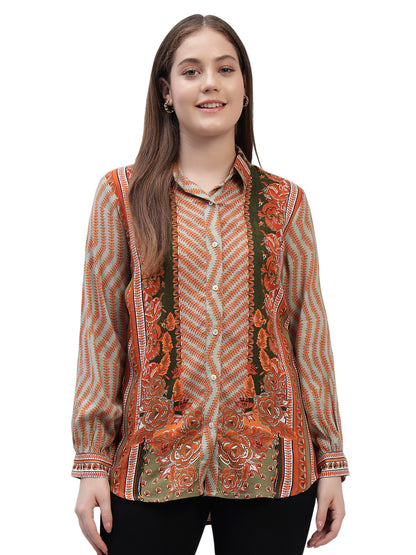Women's Brown Printed Full Sleeves Spread Collar Casual Tunic