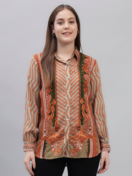 Women's Brown Printed Full Sleeves Spread Collar Casual Tunic