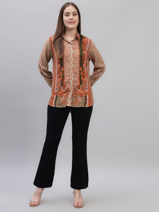 Women's Brown Printed Full Sleeves Spread Collar Casual Tunic