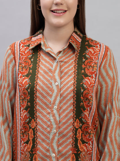 Women's Brown Printed Full Sleeves Spread Collar Casual Tunic