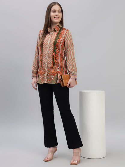 Women's Brown Printed Full Sleeves Spread Collar Casual Tunic