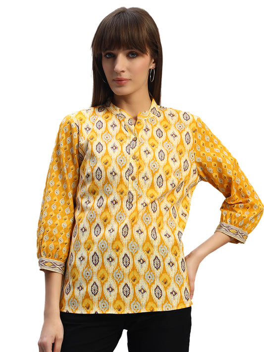 Women's Printed Mustard 3/4th Sleeves Round Neck Casual Tunic