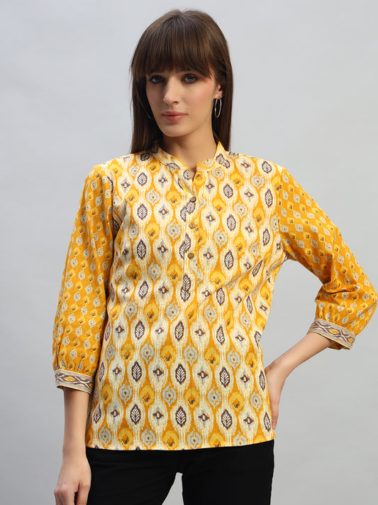 Women's Printed Mustard 3/4th Sleeves Round Neck Casual Tunic