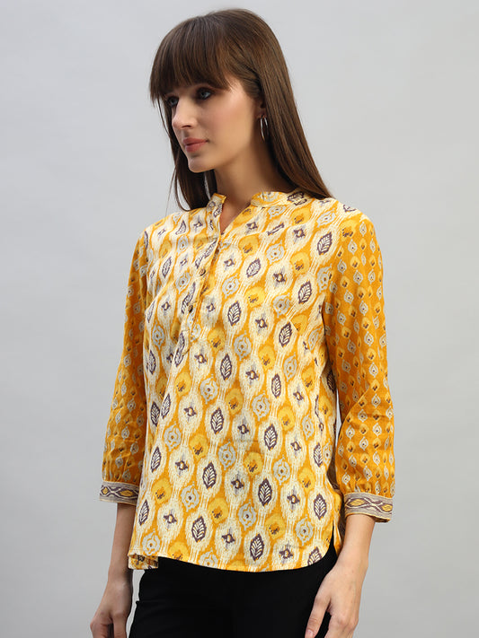Women's Printed Mustard 3/4th Sleeves Round Neck Casual Tunic