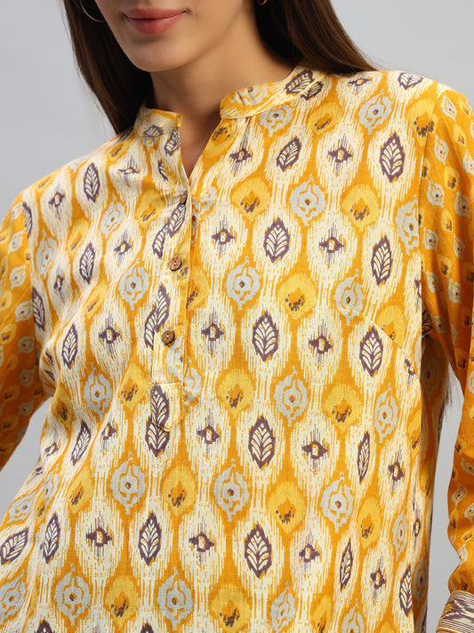 Women's Printed Mustard 3/4th Sleeves Round Neck Casual Tunic