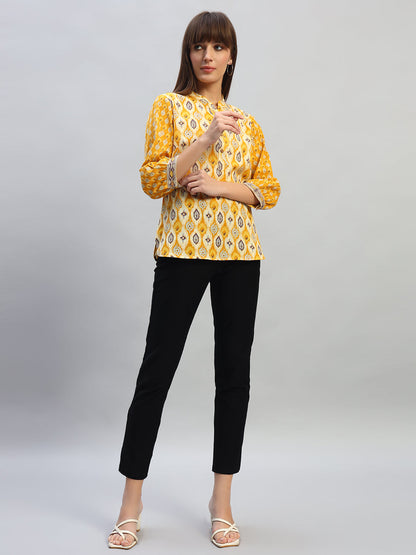 Women's Printed Mustard 3/4th Sleeves Round Neck Casual Tunic